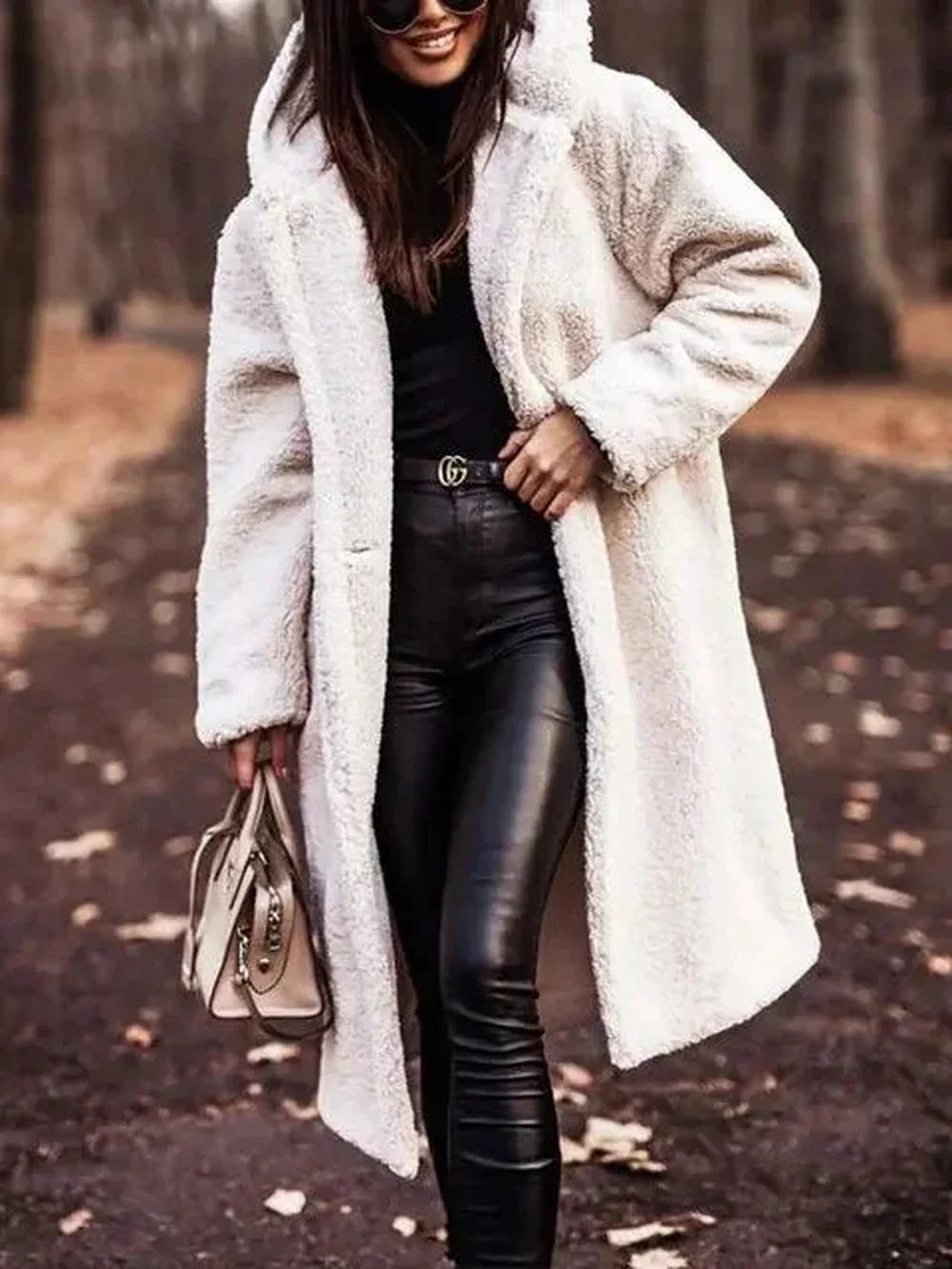 Women's borg button-front hooded long coat