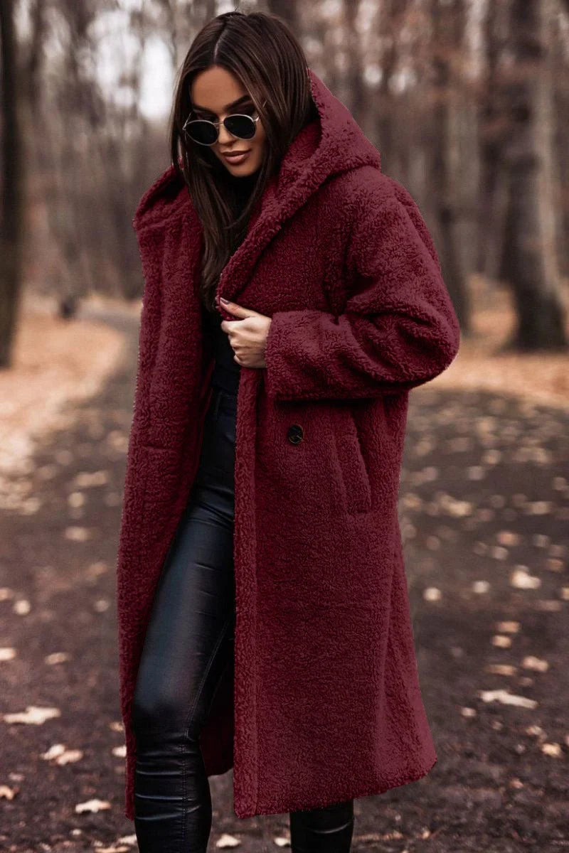 Women's borg button-front hooded long coat