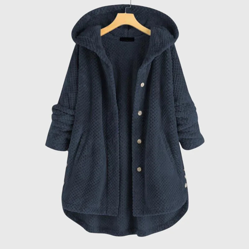 Women's borg button-front hooded long coat with high-low curved hem