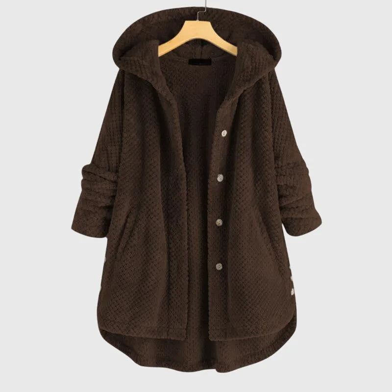 Women's borg button-front hooded long coat with high-low curved hem