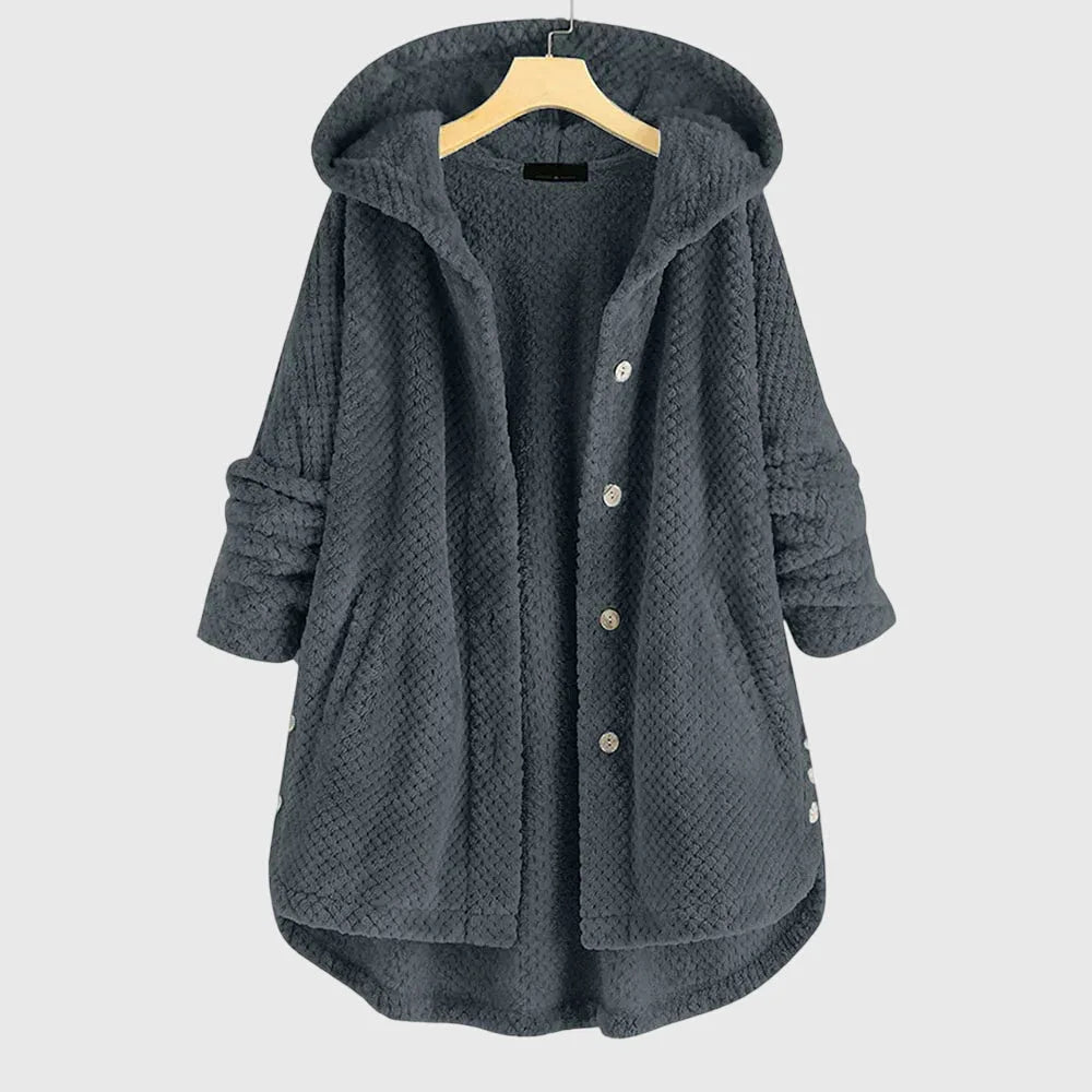 Women's borg button-front hooded long coat with high-low curved hem