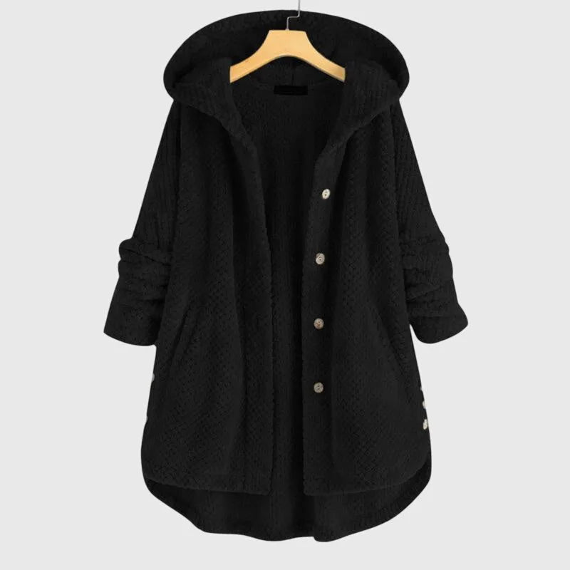 Women's borg button-front hooded long coat with high-low curved hem