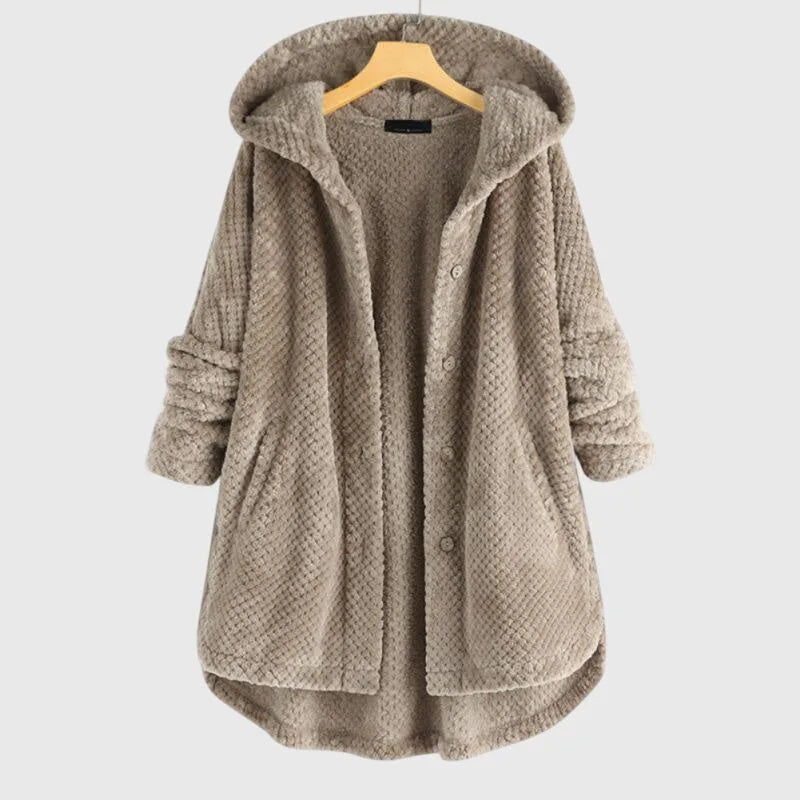 Women's borg button-front hooded long coat with high-low curved hem