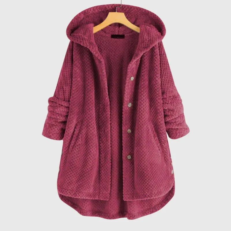 Women's borg button-front hooded long coat with high-low curved hem