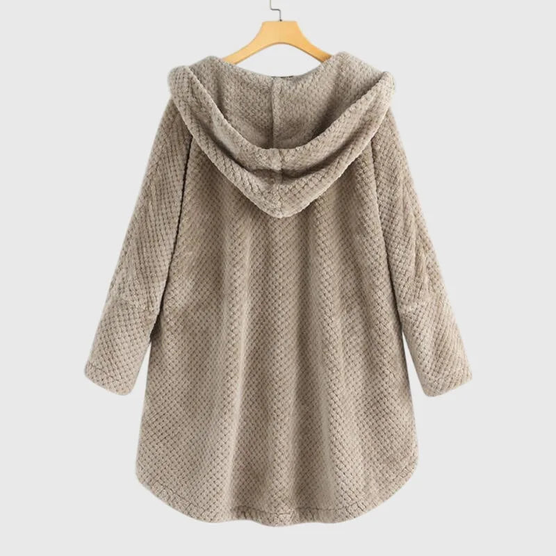 Women's borg button-front hooded long coat with high-low curved hem