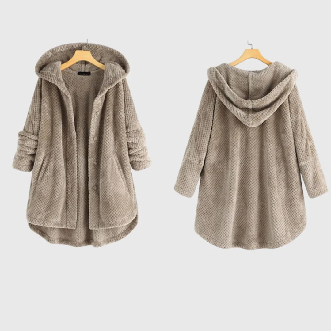 Women's borg button-front hooded long coat with high-low curved hem