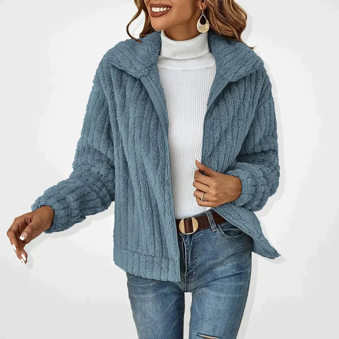 Women's borg zip-up shawl collar fleece jacket with ribbed texture