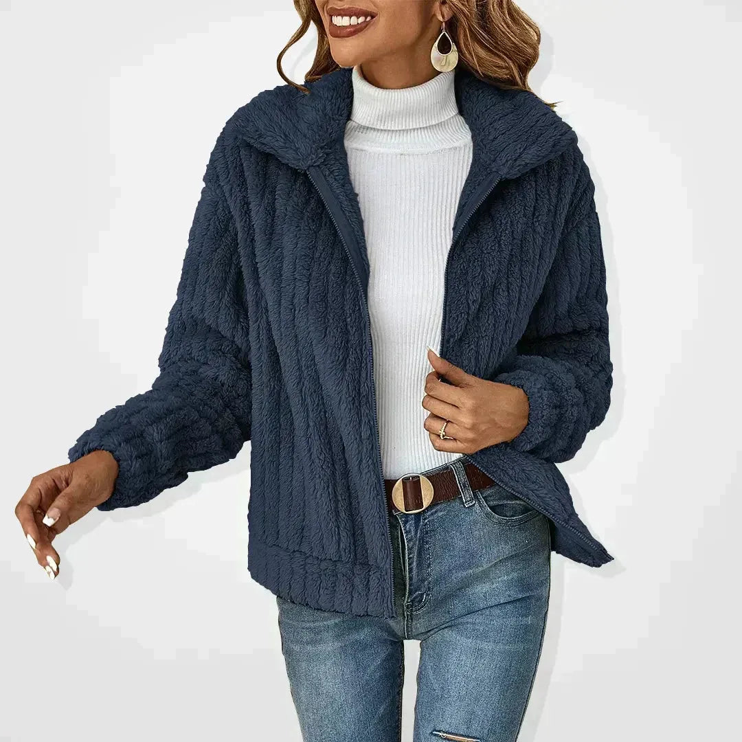Women's borg zip-up shawl collar fleece jacket with ribbed texture