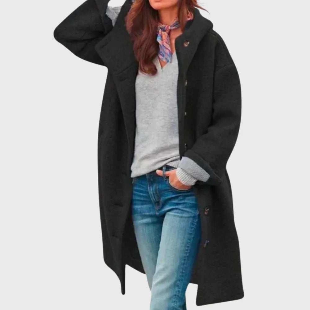 Women's boucle button-front hooded wool coat