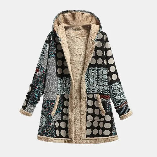Women's button-front hooded parka with patchwork print