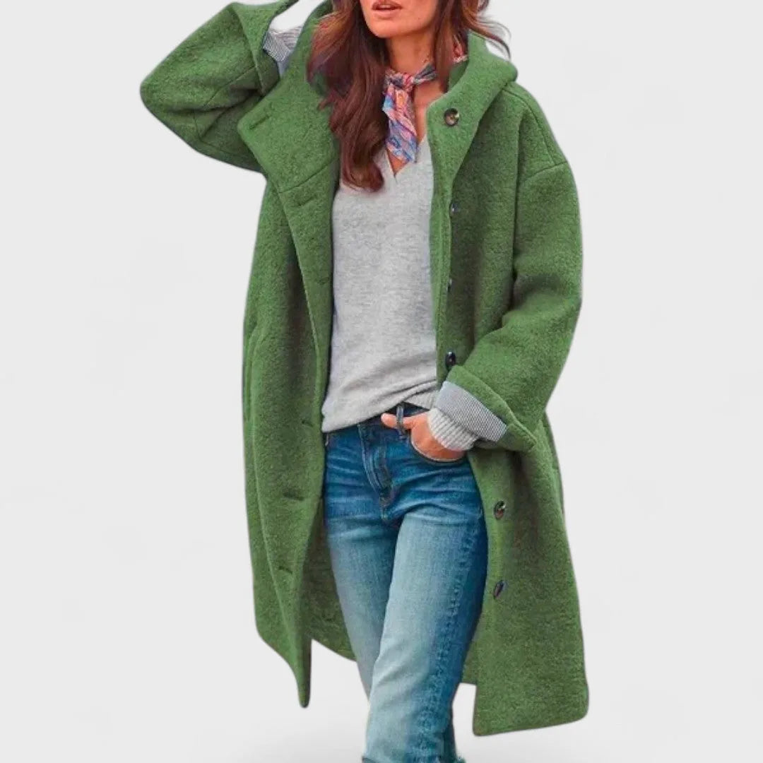 Women's button-front hooded wool coat with wide collar