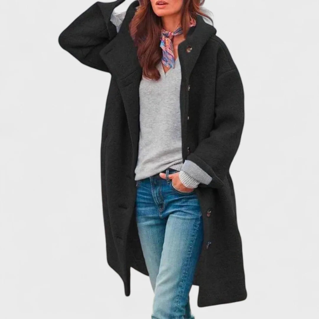 Women's button-front hooded wool coat with wide collar