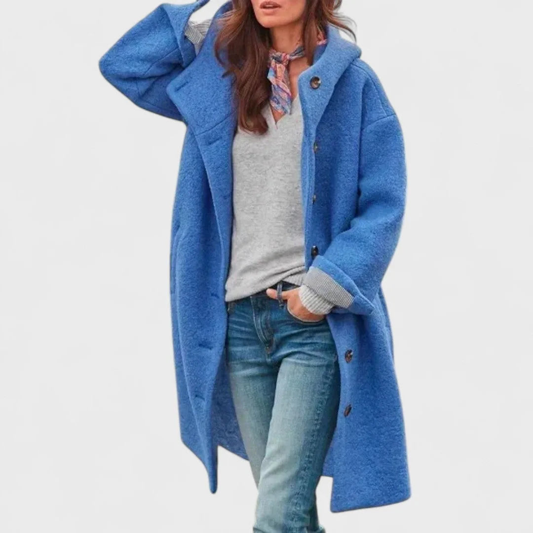 Women's button-front hooded wool coat with wide collar