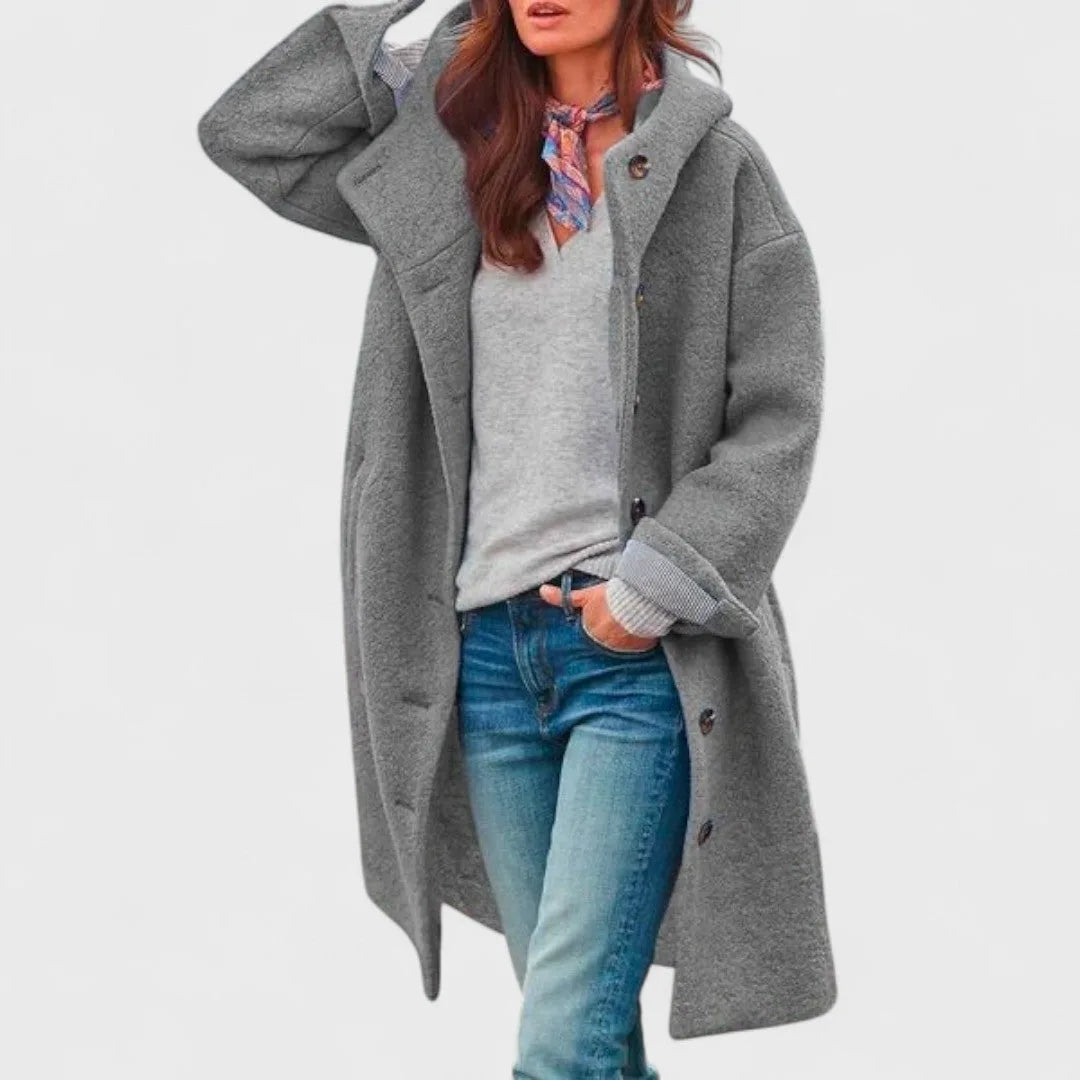 Women's button-front hooded wool coat with wide collar