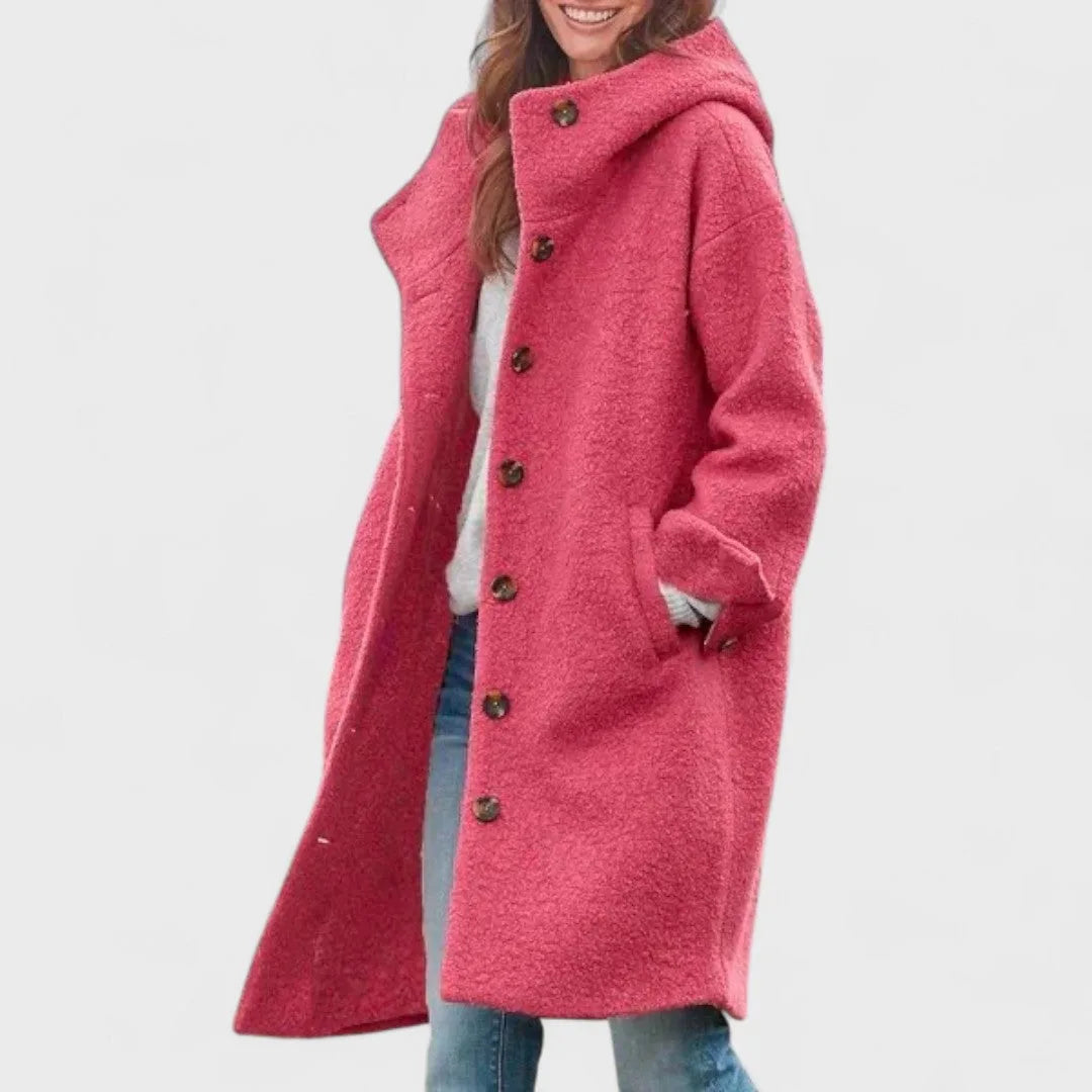 Women's button-front hooded wool coat with wide collar