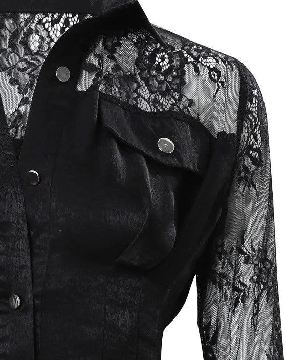 Women's Button Front Long Sleeve Lace Mini Dress
