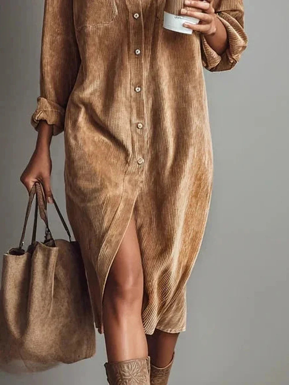 Women's button front long sleeve midi dress