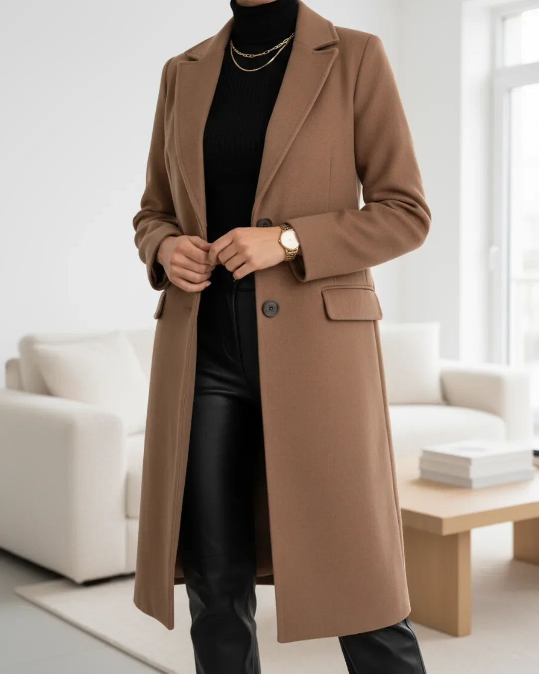 Women's button-front notch lapel wool coat with flap pockets