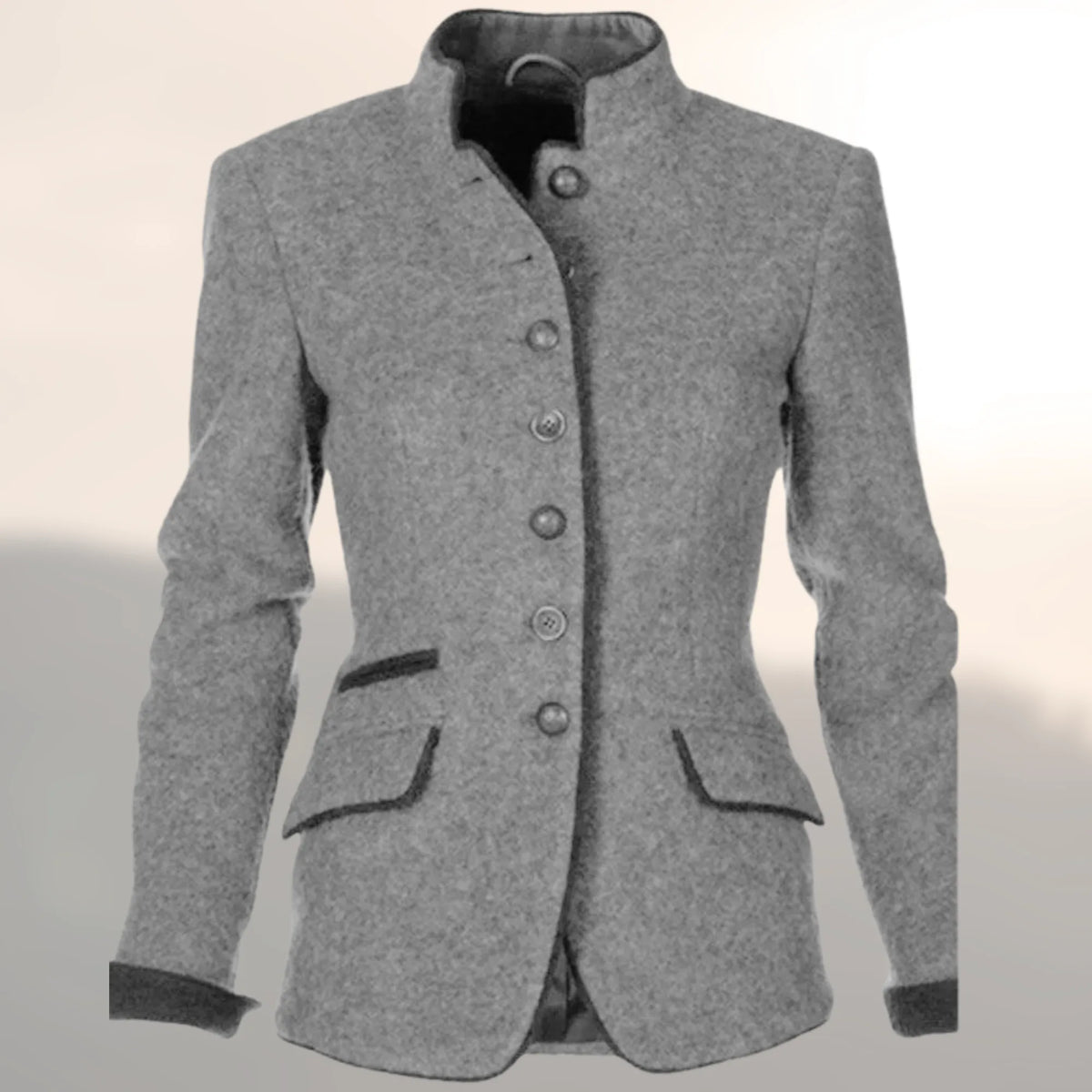 Women's button-front stand collar blazer with contrast piping