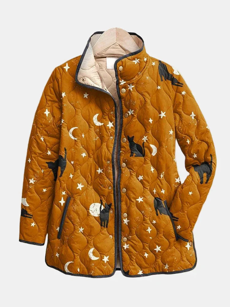 Women's button-front stand collar puffer jacket with quilted cat print