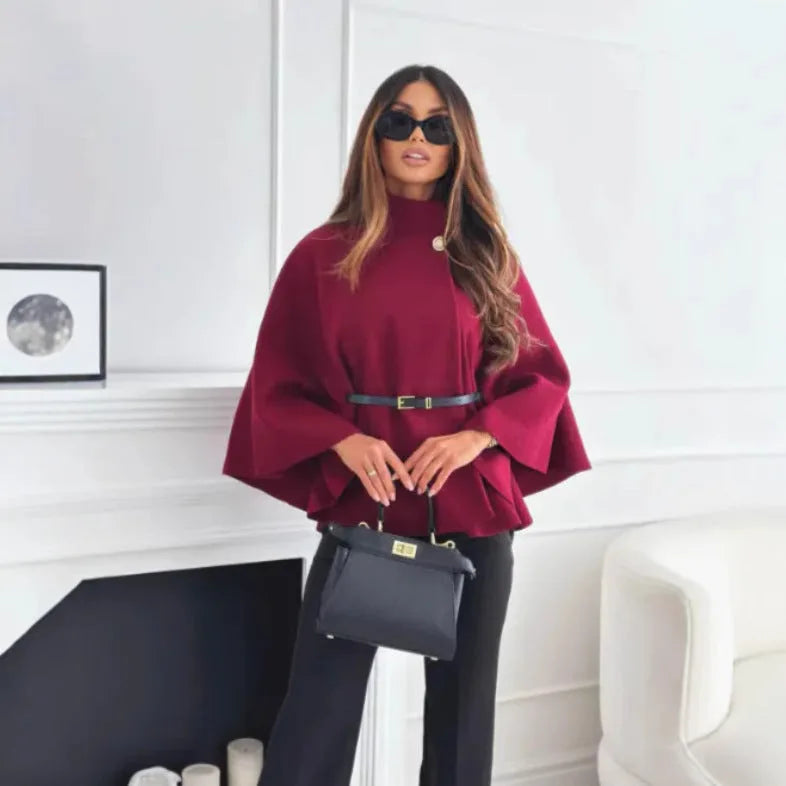 Women's button-front stand collar wool cape with batwing sleeves