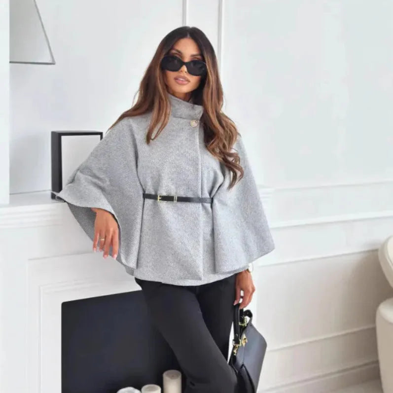 Women's button-front stand collar wool cape with batwing sleeves