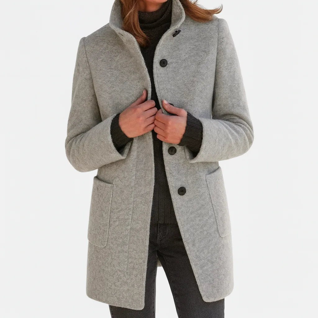 Women's button-front stand collar wool coat with two patch pockets