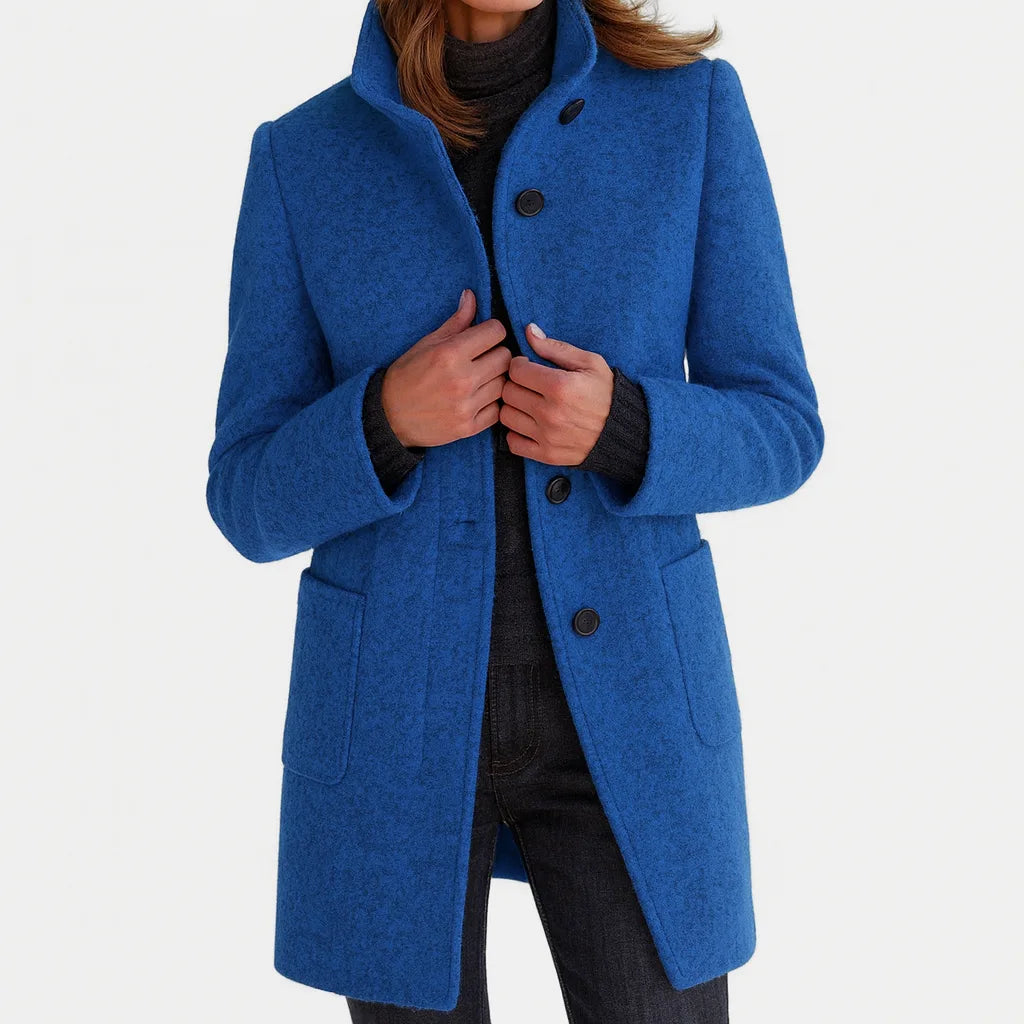 Women's button-front stand collar wool coat with two patch pockets