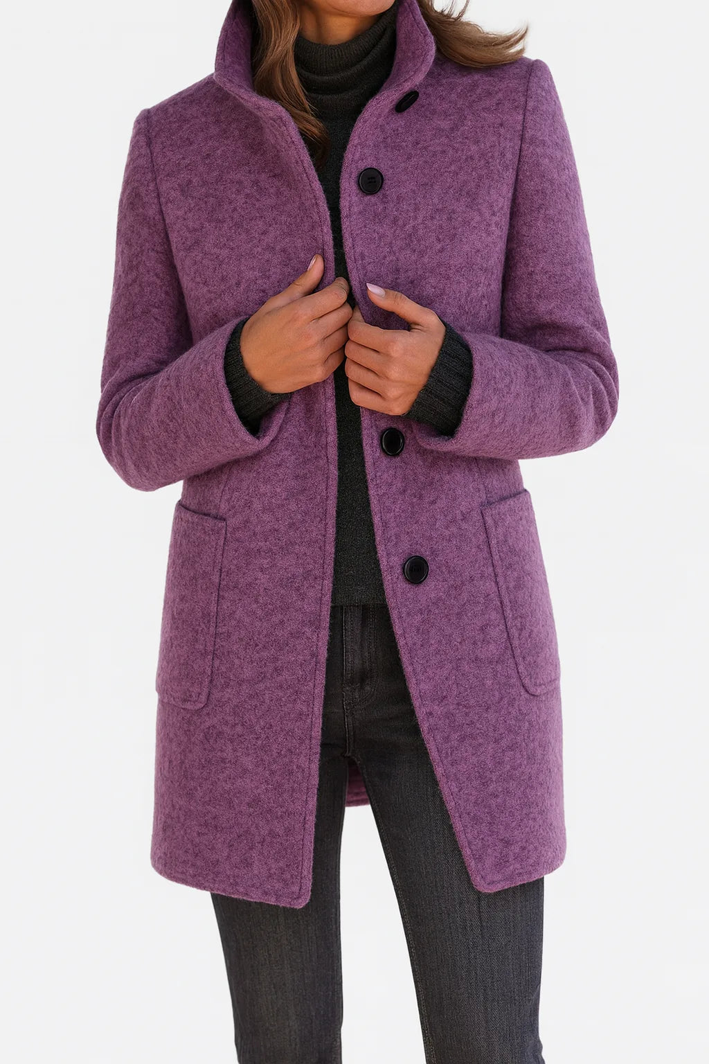 Women's button-front stand collar wool coat with two patch pockets