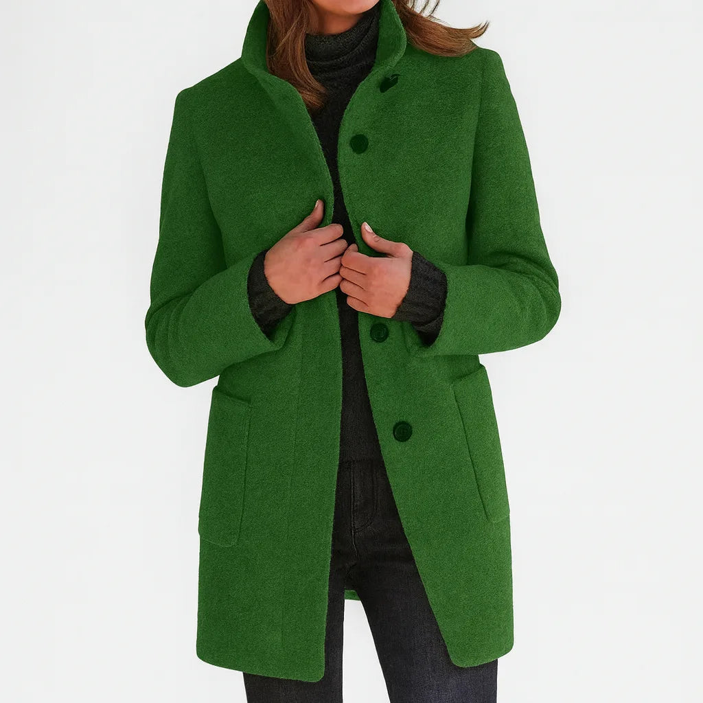 Women's button-front stand collar wool coat with two patch pockets