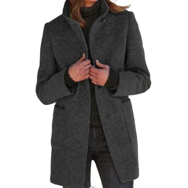Women's button-front stand collar wool coat with two patch pockets
