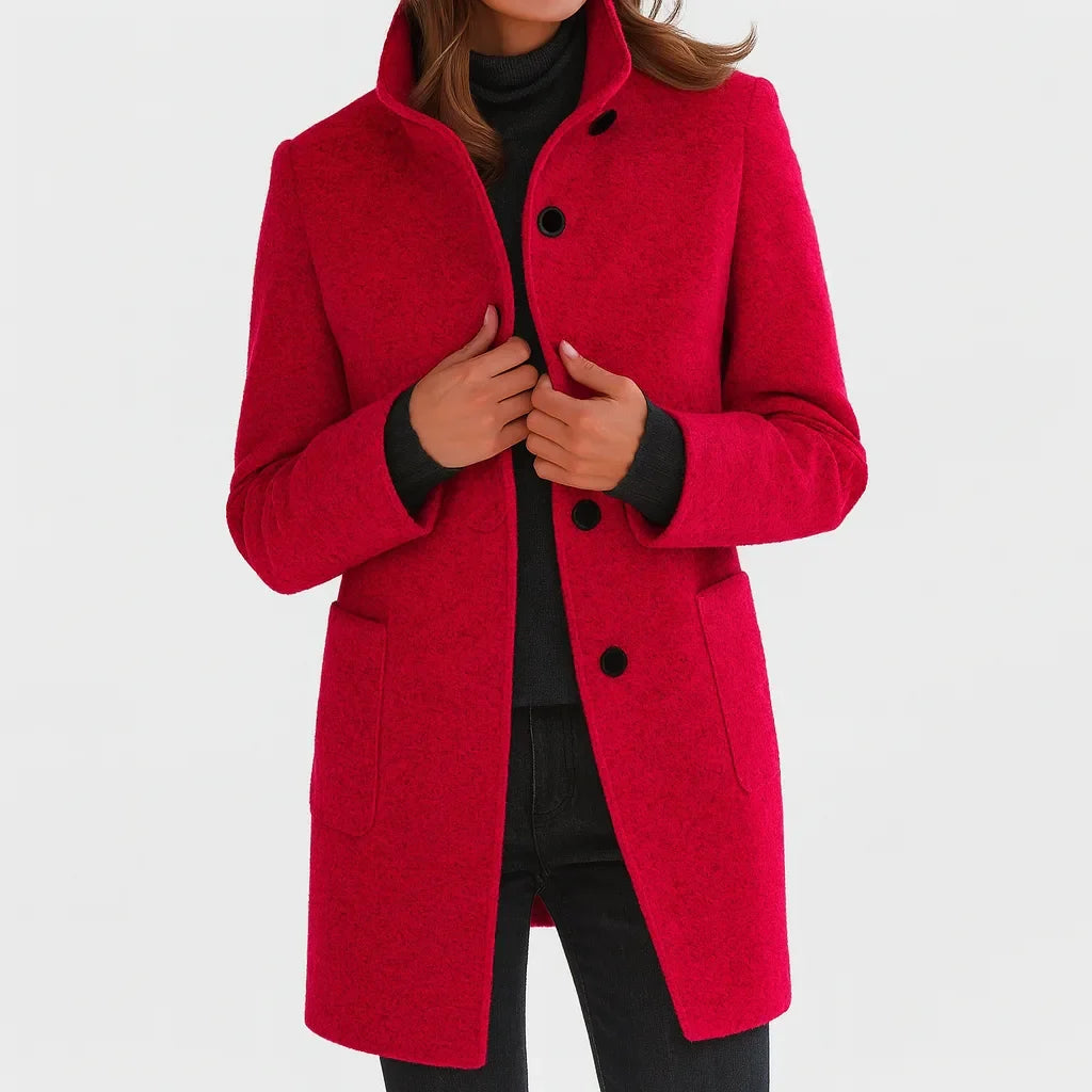Women's button-front stand collar wool coat with two patch pockets