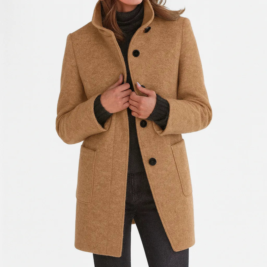 Women's button-front stand collar wool coat with two patch pockets