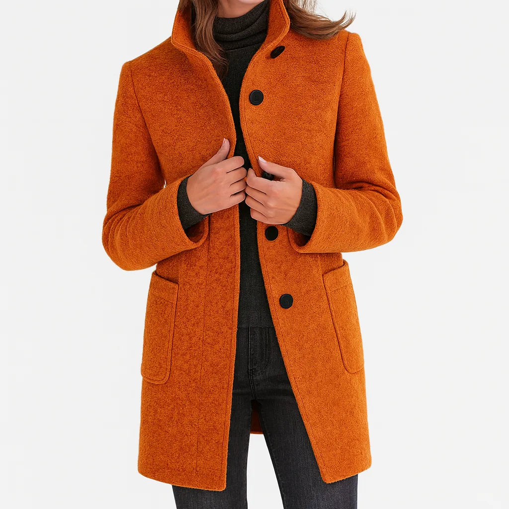 Women's button-front stand collar wool coat with two patch pockets