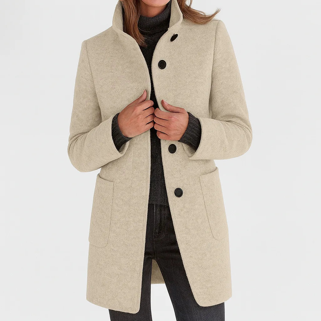 Women's button-front stand collar wool coat with two patch pockets