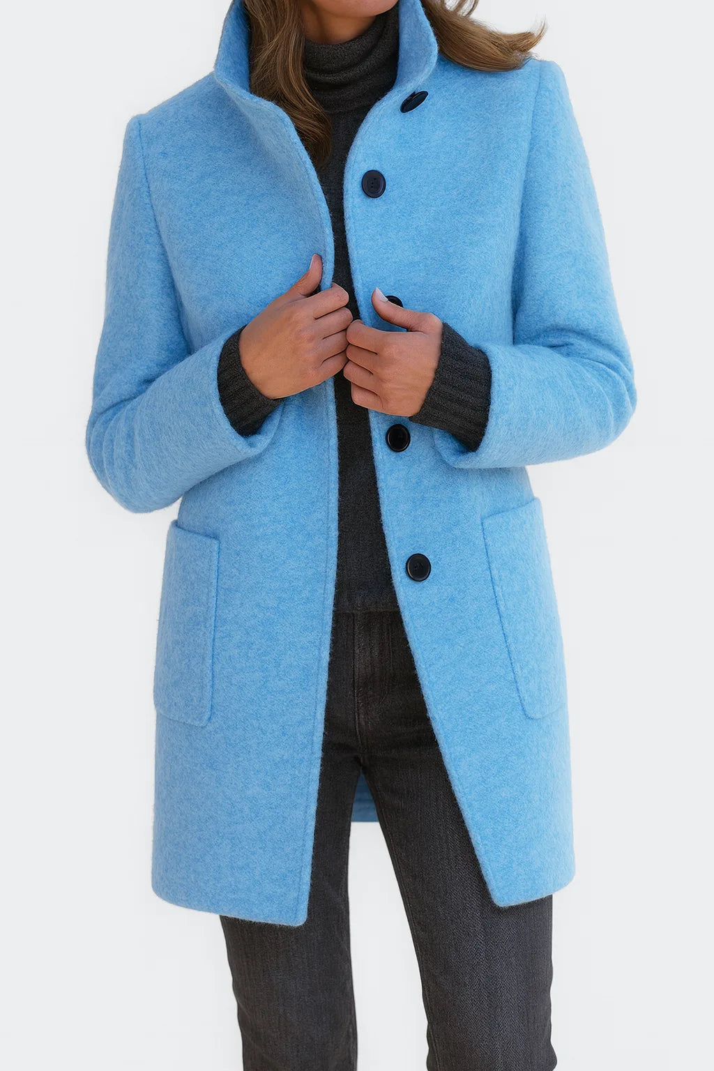 Women's button-front stand collar wool coat with two patch pockets