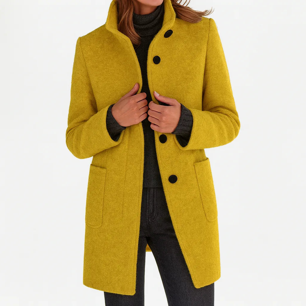 Women's button-front stand collar wool coat with two patch pockets