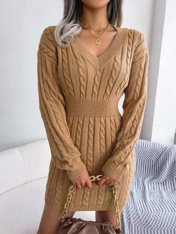 Women's cable knit v-neck mini sweater dress with ribbed waist