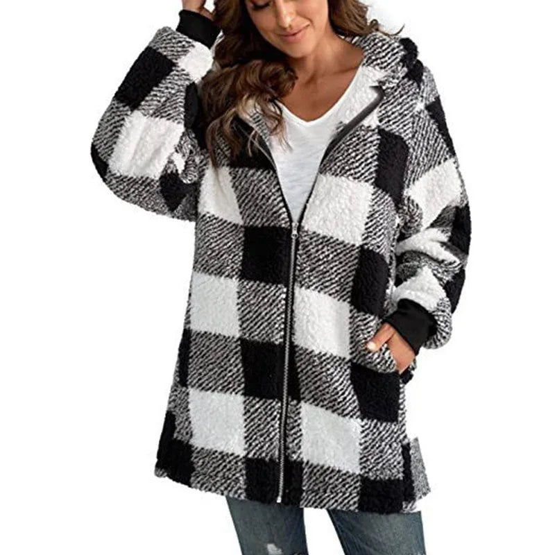 Women's check borg zip-up long coat with front pockets and hood