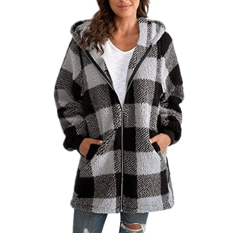 Women's check borg zip-up long coat with front pockets and hood