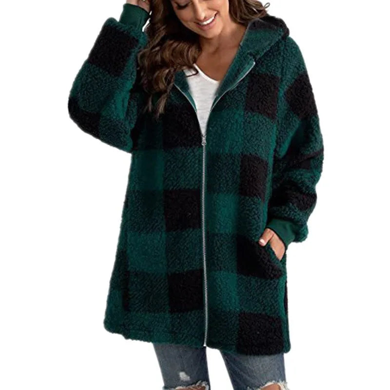 Women's check borg zip-up long coat with front pockets and hood