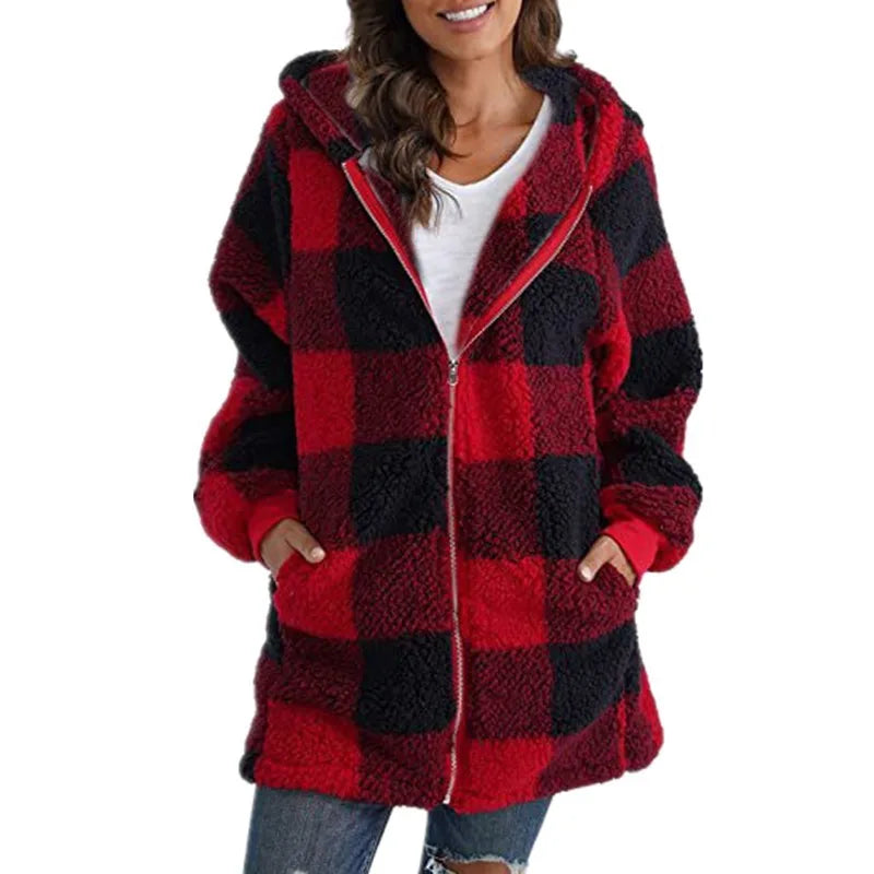 Women's check borg zip-up long coat with front pockets and hood