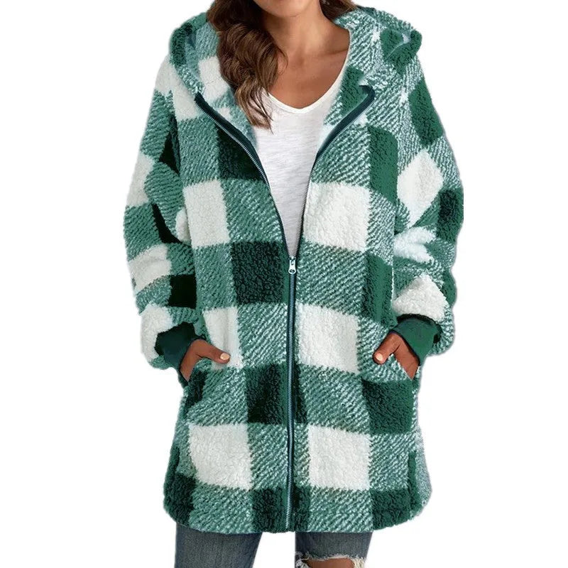 Women's check borg zip-up long coat with front pockets and hood