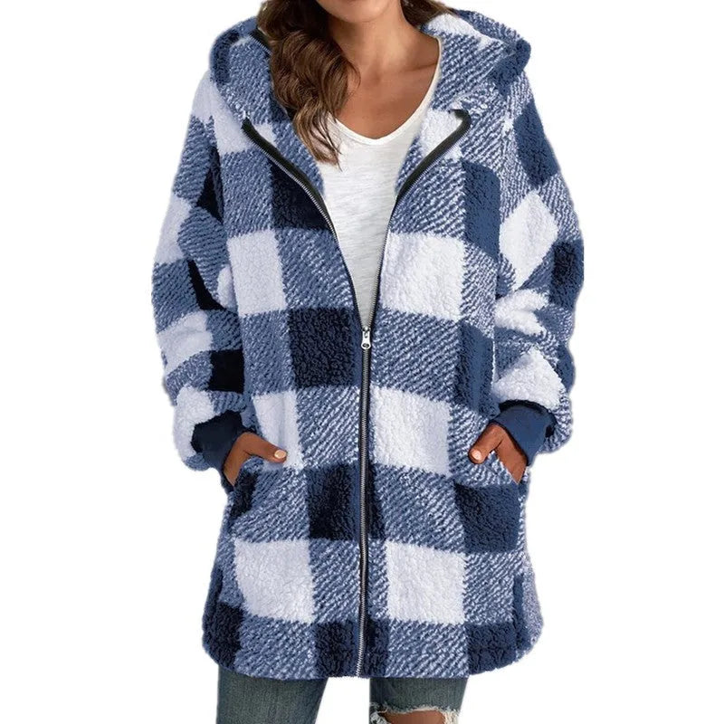 Women's check borg zip-up long coat with front pockets and hood
