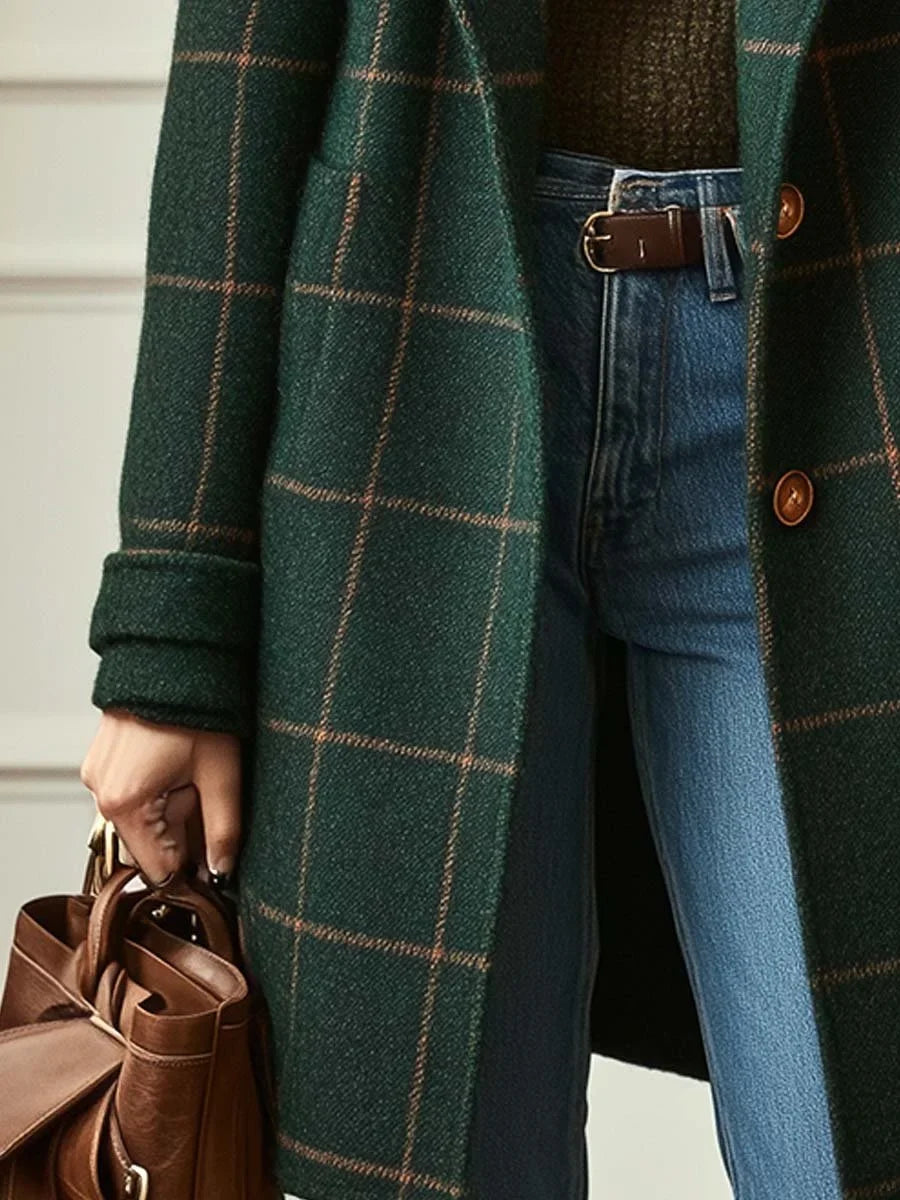 Women's check button-front notch lapel wool coat