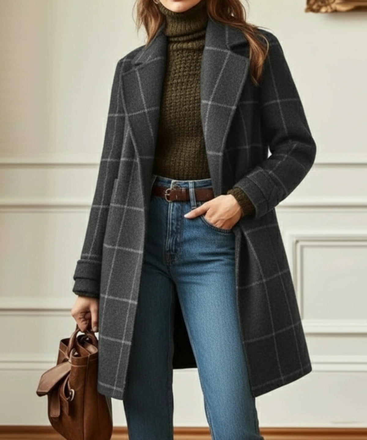 Women's check button-front notch lapel wool coat with side pockets