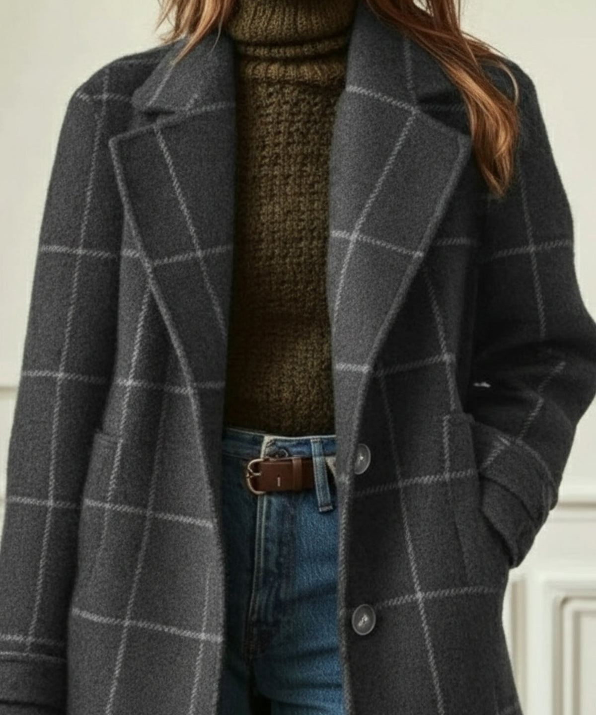 Women's check button-front notch lapel wool coat with side pockets