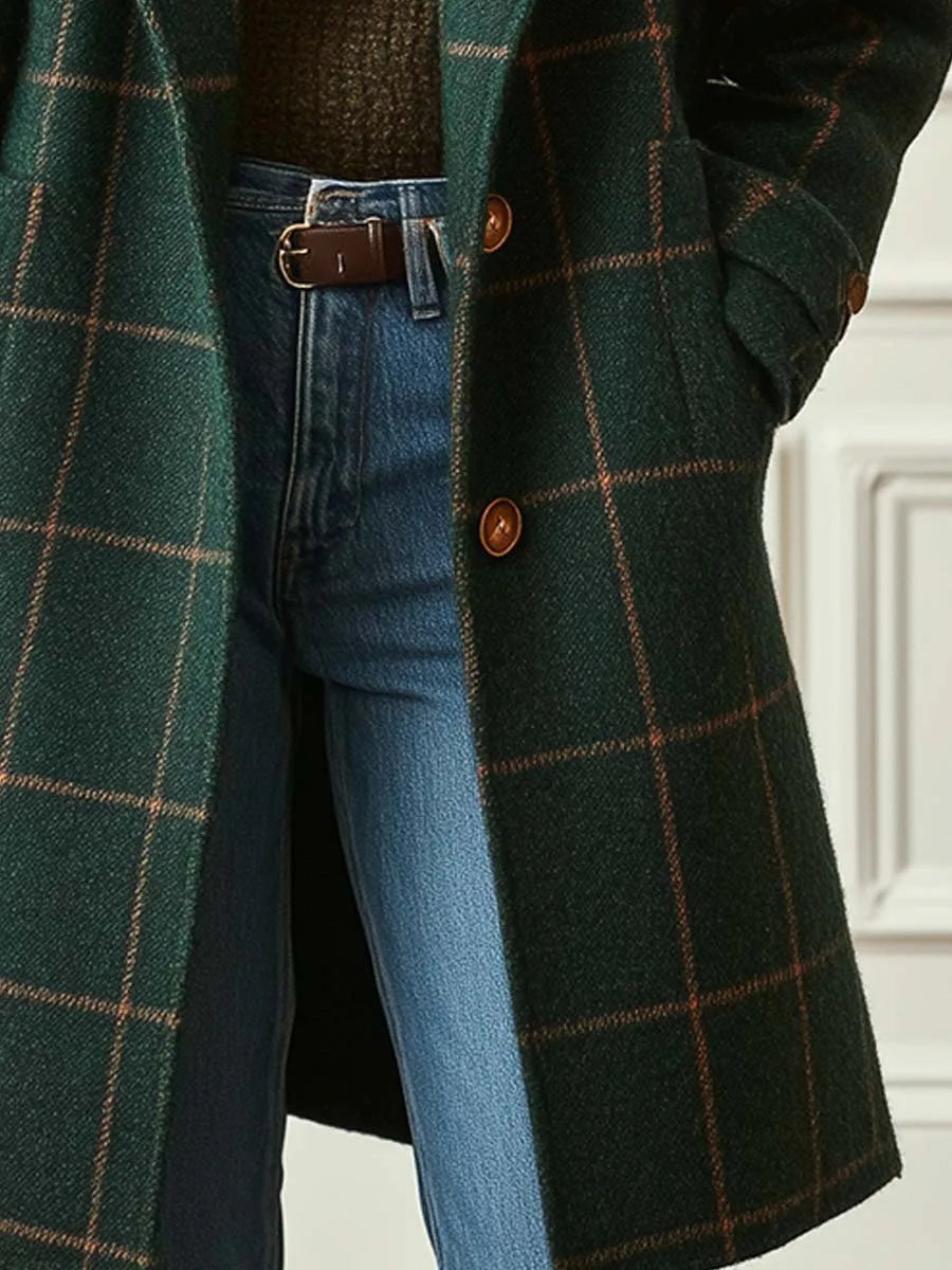 Women's check button-front notch lapel wool coat with side pockets