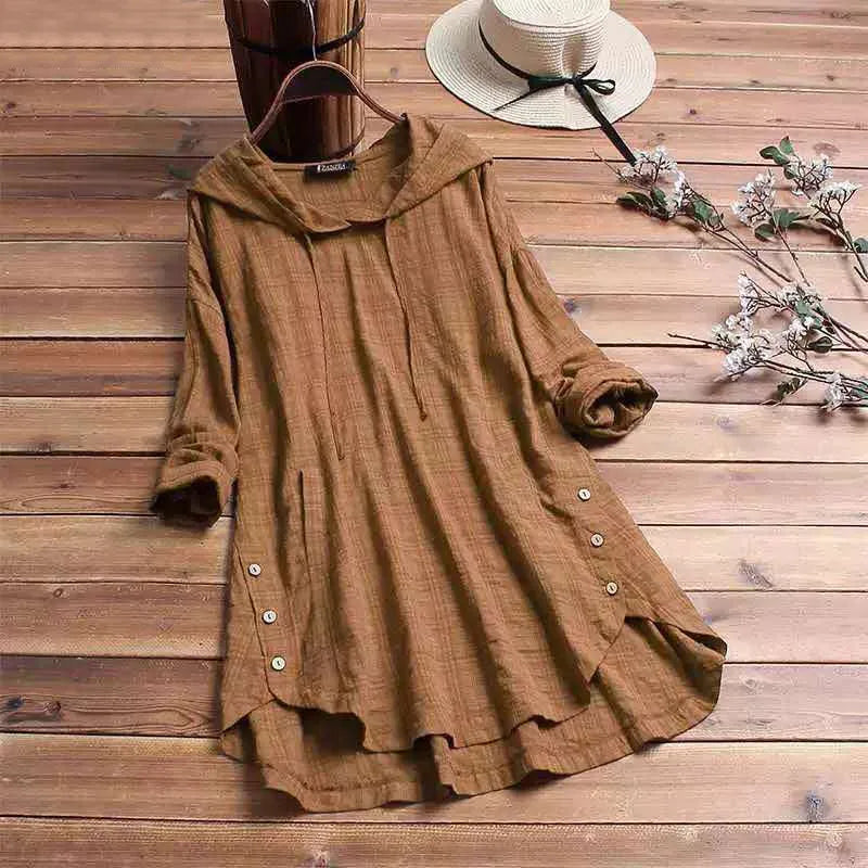 Women's check cotton hoodie with side buttons