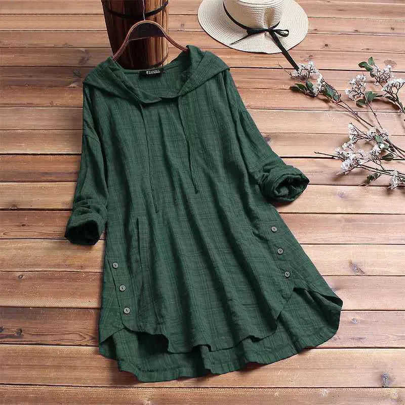 Women's check cotton hoodie with side buttons